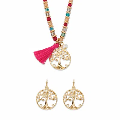 Palm Beach Jewelry Crystal And Simulated Pearl Goldtone Tree Of Life Necklace Earring Set 19"-21"