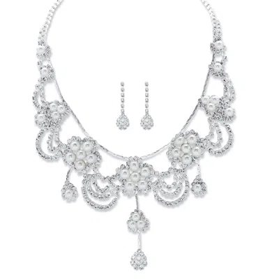 Palm Beach Jewelry Crystal And Simulated Pearl Silvertone Floral Necklace And Earrings 14"-18"