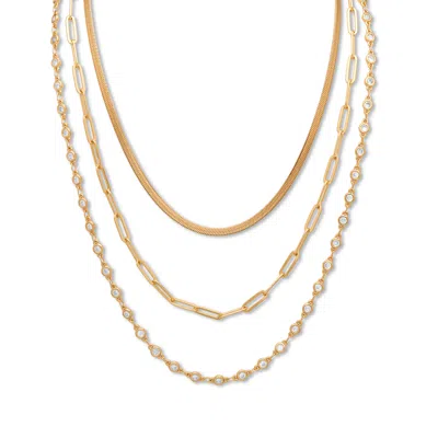 Palm Beach Jewelry Crystal Bezel Gold Ion-plated Multichain Necklace Set 16, 18, 21 Inch In Yellow