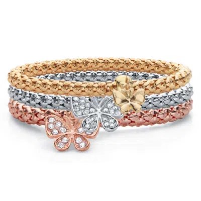 Palm Beach Jewelry Crystal Butterfly Rose Tone Goldtone And Silvertone Stretch Bracelet Set 8" In White