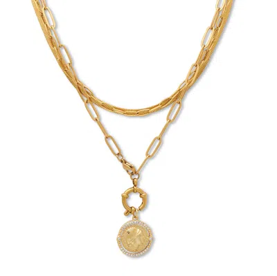 Palm Beach Jewelry Crystal Coin Pendant Gold Ion-plated Layered Necklace Set 15.5-18 Inch In Yellow