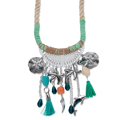 Palm Beach Jewelry Crystal Silvertone Beach Themed Corded Fringe Necklace 19"-20.5" In Blue