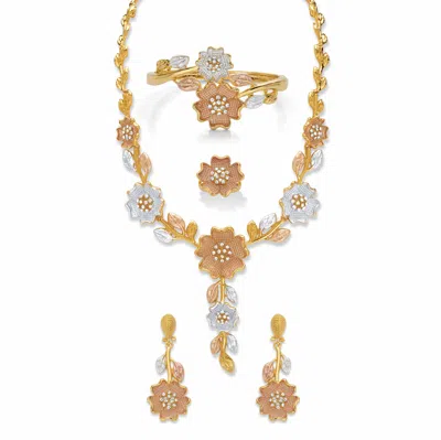 Palm Beach Jewelry Crystal Tri-tone Goldtone, Silvertone And Rosetone 4 Pc Floral Necklace Set 17" In White