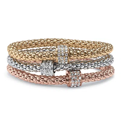 Palm Beach Jewelry Crystal Wheel Beaded Tri-tone Stretch Rope Bracelet Set 8" In White