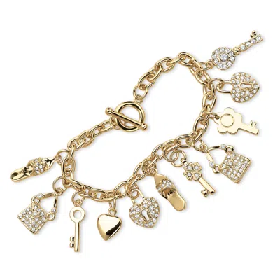 Palm Beach Jewelry Crystal Yellow Gold-plated Shoe, Purse, Heart Lock And Key Charm Bracelet In White
