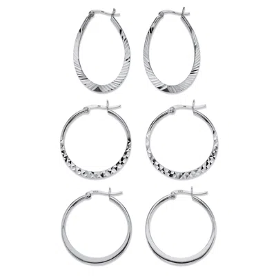 Palm Beach Jewelry Diamond-cut .925 Sterling Silver 3-pair Set Of Hoop Earrings 1" In White