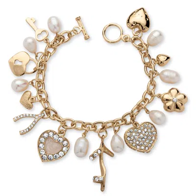 Palm Beach Jewelry Fashion Cultured Freshwater Pearl Crystal Charm Bracelet In Yellow Goldtone
