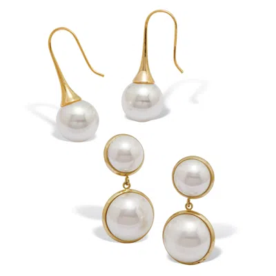 Palm Beach Jewelry Freshwater-cultured Pearl Gold Ion-plated Stainless Steel Drop Earring Set In White