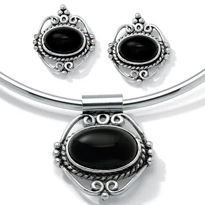 Palm Beach Jewelry Genuine Bezel-set Oval Onyx 2-pc. Necklace And Earrings Set In Silvertone In Black