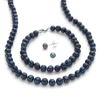 Palm Beach Jewelry Genuine Black Cultured Pearl Silvertone Earring, Necklace And Bracelet Set 18"