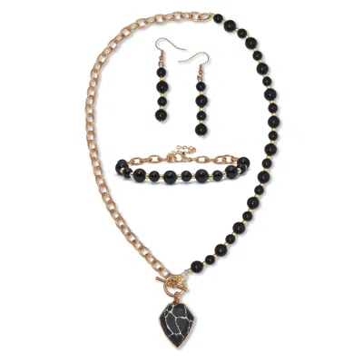 Palm Beach Jewelry Genuine Black Howlite And Onyx Goldtone Beaded Necklace Set 18-inch