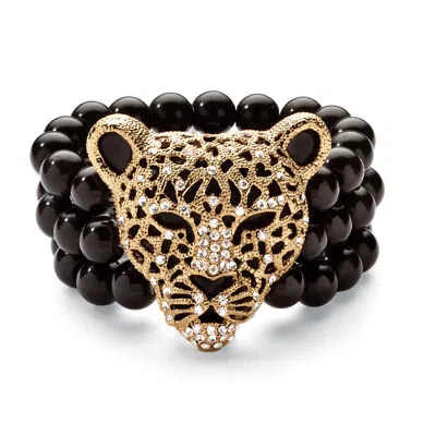 Palm Beach Jewelry Genuine Black Onyx And Crystal Leopard Stretch Bracelet In Yellow Goldtone
