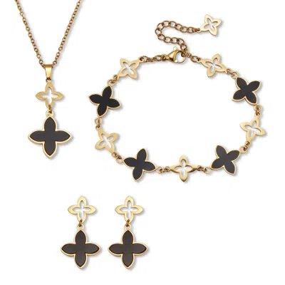 Palm Beach Jewelry Genuine Black Onyx Gold Ion-plated Stainless Steel Clover Jewelry Set