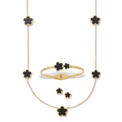 Palm Beach Jewelry Genuine Black Onyx Yellow Gold Ion-plated Stainless Steel Clover Jewelry Set