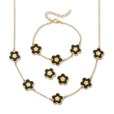 Palm Beach Jewelry Genuine Black Onyx Yellow Gold Ion-plated Stainless Steel Flower Jewelry Set