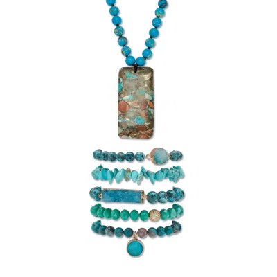 Palm Beach Jewelry Genuine Blue Jasper Goldtone Necklace And Beaded Bracelet Set, 34 Inches