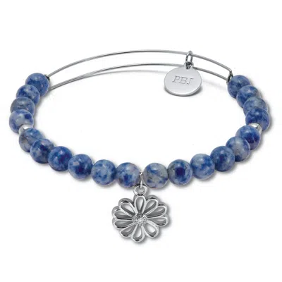 Palm Beach Jewelry Genuine Blue Sodalite Silvertone Flower Charm Bangle, 7.5 Inches