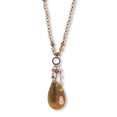 Palm Beach Jewelry Genuine Brown Jasper Antiqued Goldtone Boho Drop Necklace, 34 Inches