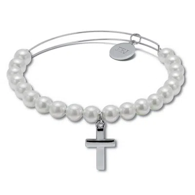 Palm Beach Jewelry Genuine Cultured Freshwater Pearl Silvertone Cross Charm Bangle, 7.5 Inches In White