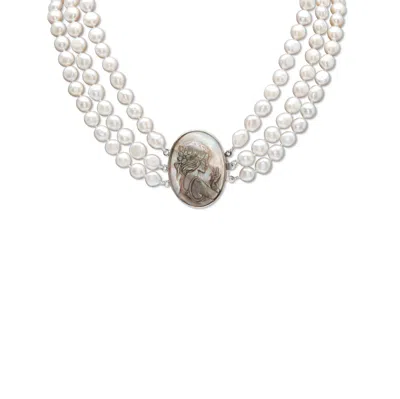 Palm Beach Jewelry Genuine Freshwater Pearl Black Mother-of-pearl Cameo Necklace Silvertone 18" In Blue