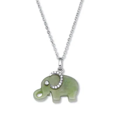 Palm Beach Jewelry Genuine Green Jade Cz Silvertone Elephant Pendant Necklace, 18 Inch Chain