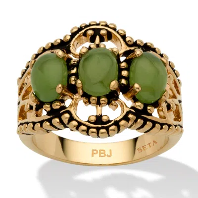 Palm Beach Jewelry Genuine Green Jade Gold-plated Antique-finish Triple-stone Filigree Ring