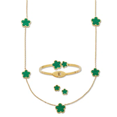 Palm Beach Jewelry Genuine Green Malachite Gold Ion-plated Stainless Steel Clover Jewelry Set