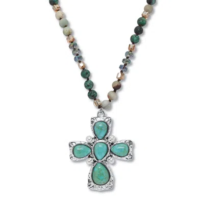 Palm Beach Jewelry Genuine Jasper, Amazonite And Freshwater Pearl Silvertone Cross Necklace 32 Inch