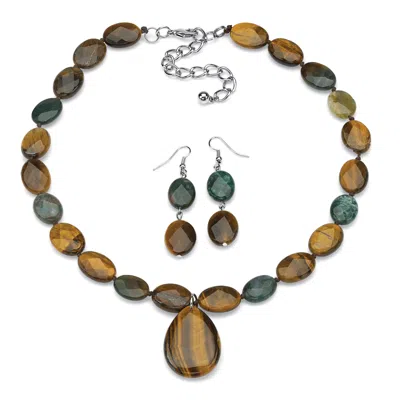 Palm Beach Jewelry Genuine Jasper And Tiger's Eye Silvertone Necklace And Earrings Set