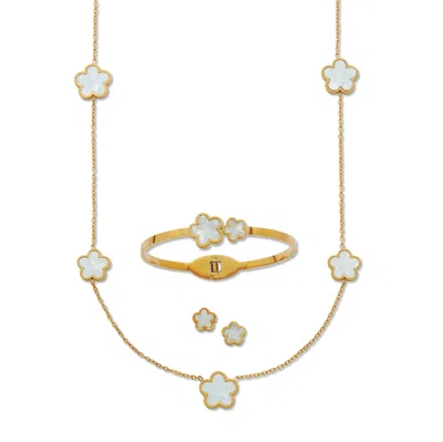 Palm Beach Jewelry Genuine Mother Of Pearl Gold Ion-plated Stainless Steel Clover Jewelry Set In White