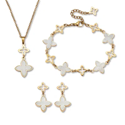 Palm Beach Jewelry Genuine Mother Of Pearl Gold Ion-plated Stainless Steel Clover Jewelry Set In White