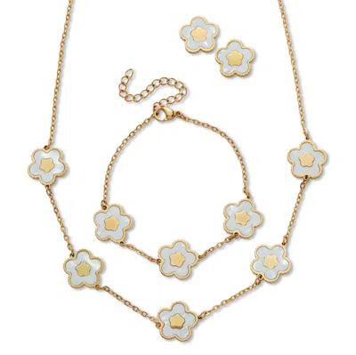 Palm Beach Jewelry Genuine Mother Of Pearl Gold Ion-plated Stainless Steel Flower Jewelry Set In White
