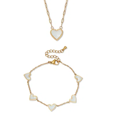Palm Beach Jewelry Genuine Mother Of Pearl Gold Ion-plated Stainless Steel Heart Jewelry Set In White