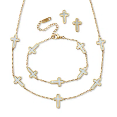 Palm Beach Jewelry Genuine Mother Of Pearl Yellow Gold Ion-plated Stainless Steel Cross Jewelry Set In White