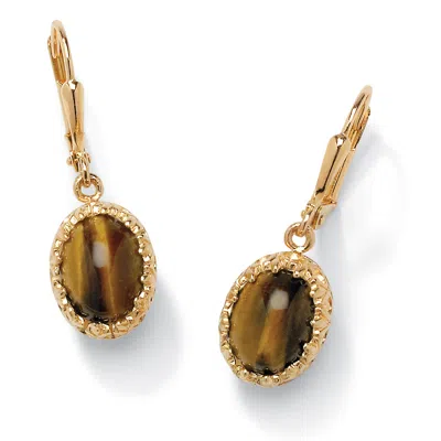 Palm Beach Jewelry Genuine Oval Tiger's Eye Cabochon Drop Earrings Yellow Gold-plated In Brown