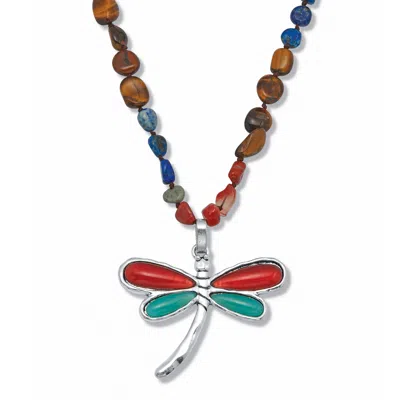 Palm Beach Jewelry Genuine Tiger's Eye And Sodalite Silvertone Dragonfly Pendant Necklace 32-inch In Brown