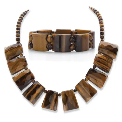 Palm Beach Jewelry Genuine Tiger's-eye Silvertone Rectangle Fringe Necklace And Bracelet Set 18" In Brown