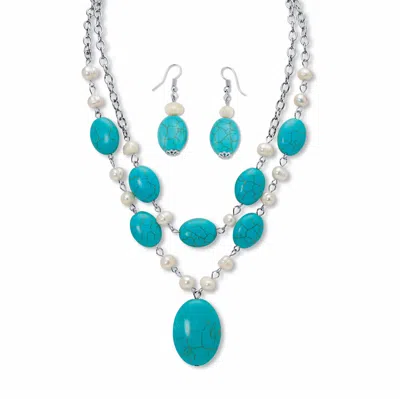 Palm Beach Jewelry Genuine Turquoise And Freshwater Pearl Silvertone Necklace And Earrings Set