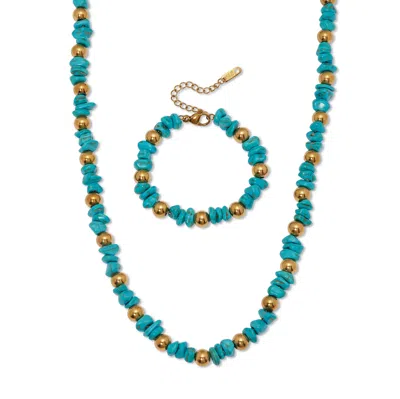 Palm Beach Jewelry Genuine Turquoise Beaded Gold Ion-plated Stainless Steel Necklace Set In Multi
