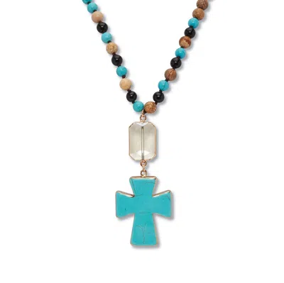 Palm Beach Jewelry Genuine Turquoise Jasper And Multicolor Agate Beaded Cross Necklace 40 Inch
