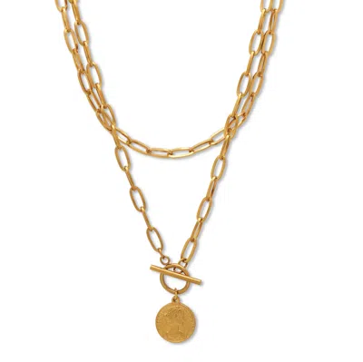 Palm Beach Jewelry Gold Ion-plated Stainless Steel Coin Pendant Paperclip Necklace Set 18 Inch In Yellow