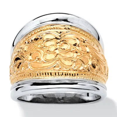 Palm Beach Jewelry Gold-plated .925 Sterling Silver Two-tone Scroll Motif Cigar Band Ring In Yellow