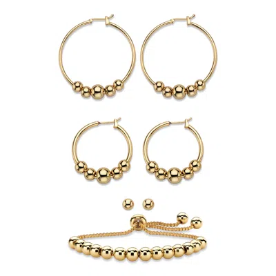 Palm Beach Jewelry Goldtone 4-piece Beaded Textured Earrings And Slider Bracelet Set 10" In Yellow