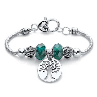 Palm Beach Jewelry Green Beaded Tree Of Life And Owl Silvertone Bali-style Charm Bracelet 7.5" In White