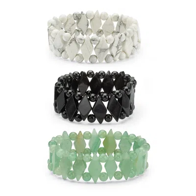 Palm Beach Jewelry Green, White, Black Agate Marquise Stretch Bracelet Set 7"