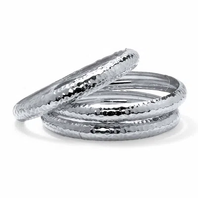 Palm Beach Jewelry Hammered 3-piece Bangle Bracelet Set In Silvertone 8.5" In White