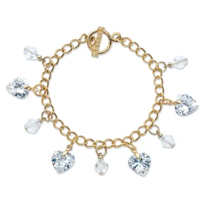 Palm Beach Jewelry Heart-shaped And Round Crystal Goldtone Charm Toggle Bracelet 7.5" In White