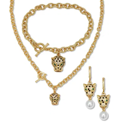 Palm Beach Jewelry Marquise Cut Green Crystal Goldtone Link Necklace 3-piece Set, 19 Inches