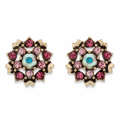 Palm Beach Jewelry Mauve And Pink Crystal Antiqued Goldtone Flower Button Earrings 7.5mm