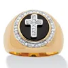 Palm Beach Jewelry Men's 1/10 Tcw Diamond And Onyx Cross 14 Gold-plated Sterling Silver Halo Ring In Yellow
